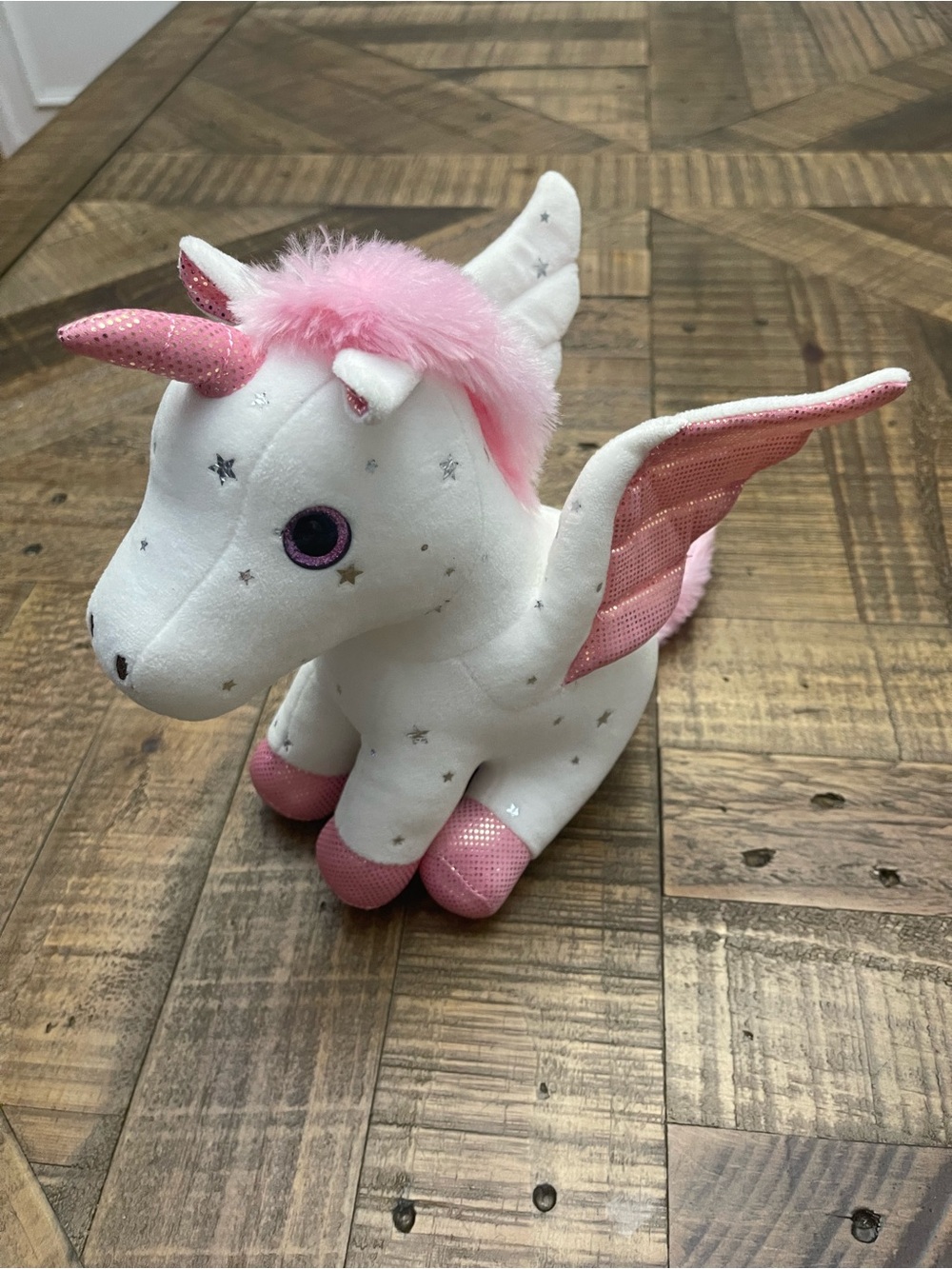 Sparkly White & Pink Winged Unicorn Plush Toy – Silver Star Pattern Pegasus